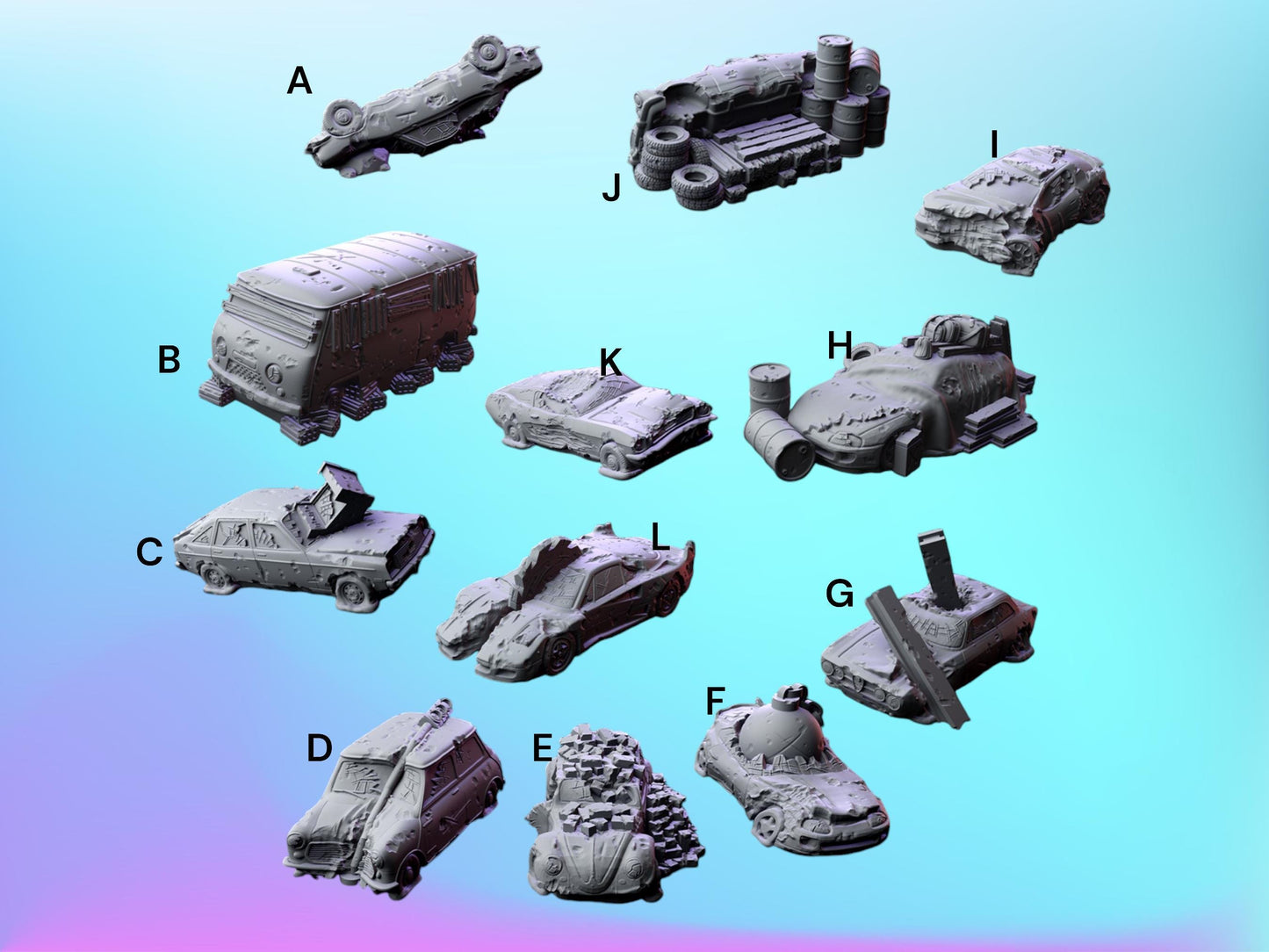 Wrecked Cars 12pc Set | 20mm | 54mm Scale | Wasteland | Survivor Terrain | Fantasy Scatter | Sci Fi Terrain | Gaslands