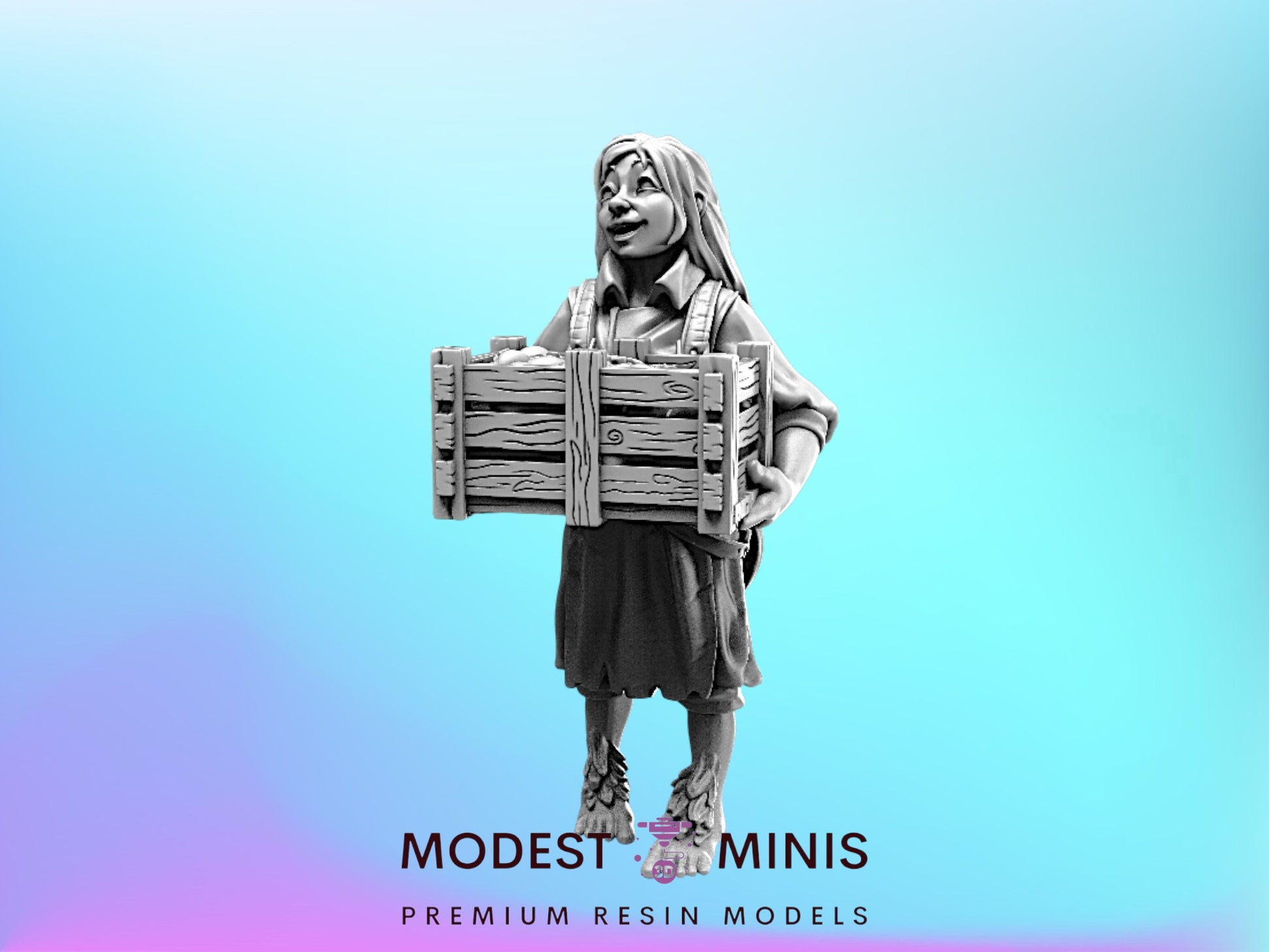 A 3D model of a female character holding a wooden crate, with the text "MODEST MINIS PREMIUM RESIN MODELS" below the image.