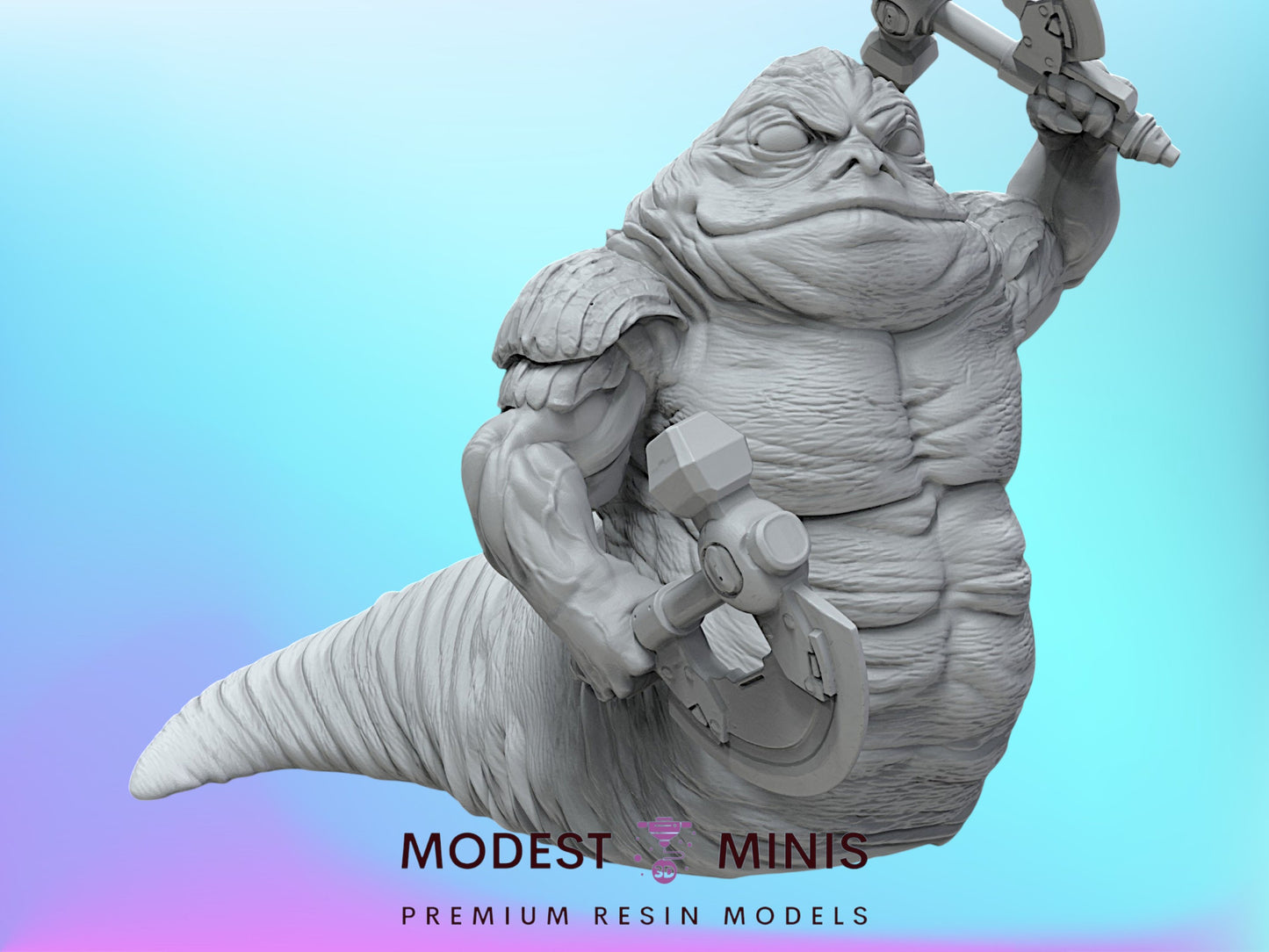 A 3D model of a large, muscular, and anthropomorphic creature with a large head and a muscular body, holding a weapon in its hand.