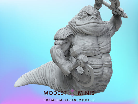 A 3D model of a large, muscular, and anthropomorphic creature with a large head and a muscular body, holding a weapon in its hand.