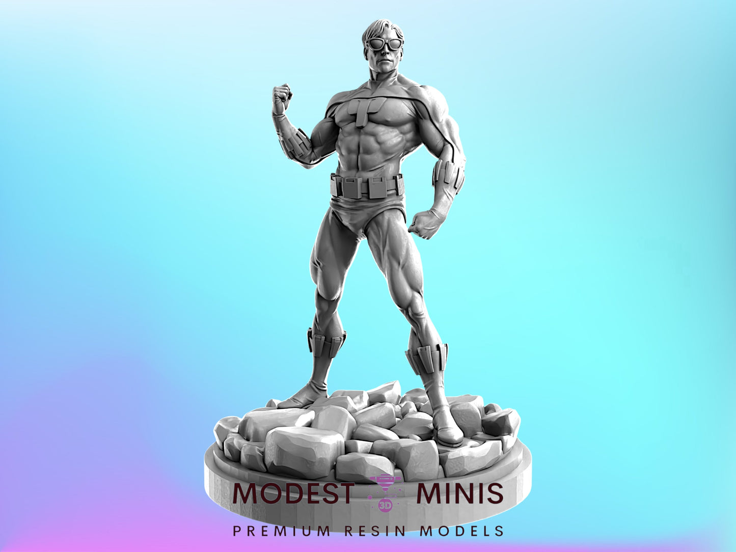 A 3D model of a muscular superhero figure standing on a rocky base, with the text "MODEST & MINIS PREMIUM RESIN MODELS" displayed below.