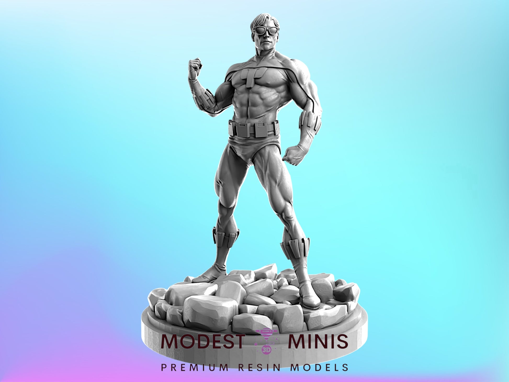 A 3D model of a muscular superhero figure standing on a rocky base, with the text "MODEST & MINIS PREMIUM RESIN MODELS" displayed below.