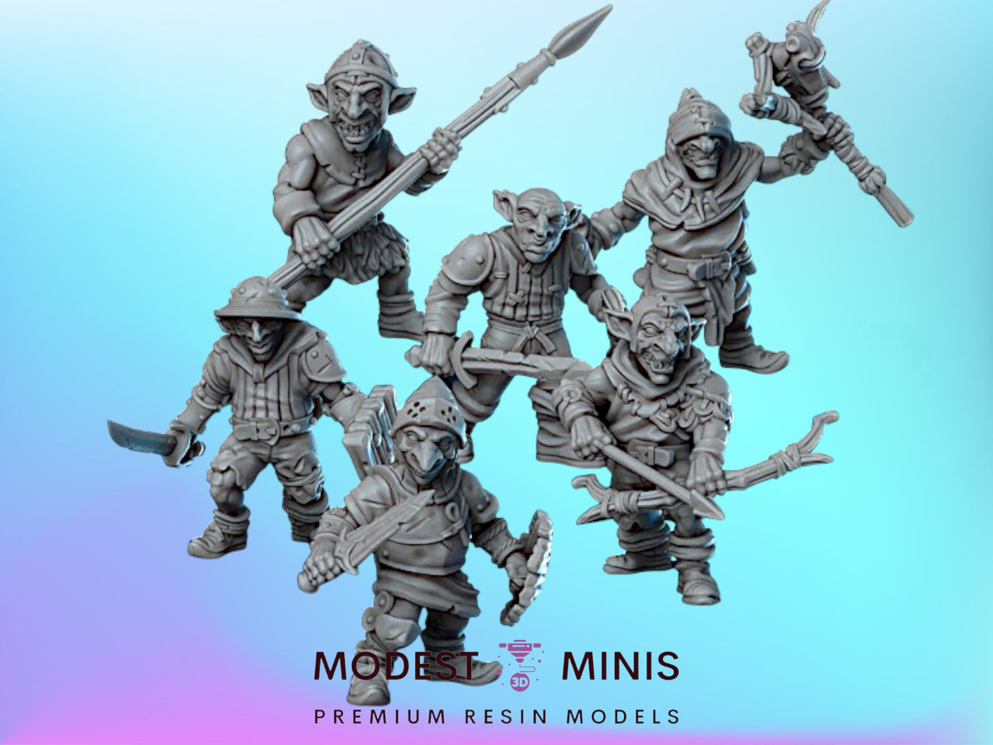 six miniature figures, each holding various weapons, arranged in a group against a blue background.