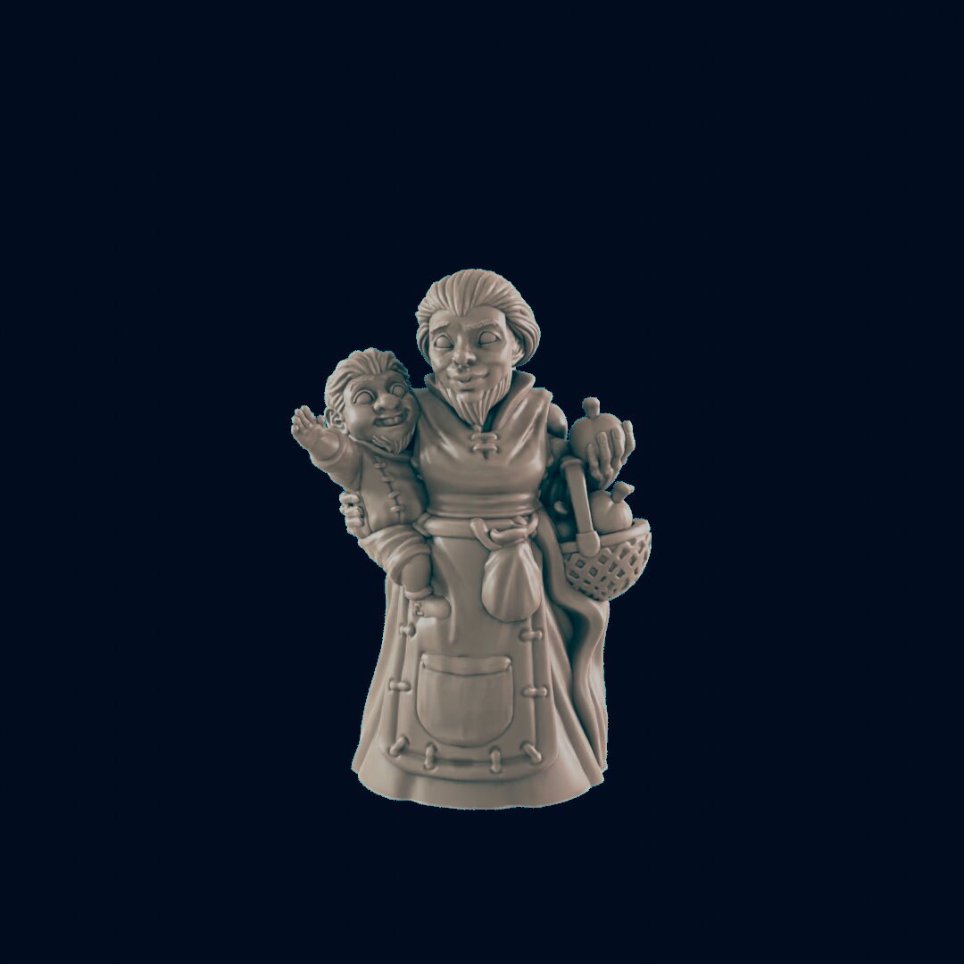 NPC Dwarf Female Mother and Child - 25mm - 75mm Scale | DnD | EC3D Fantasy Mini | Townsfolk