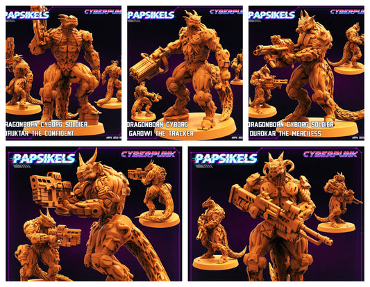 5pc Dragonborn Cyborgs Set - 32mm Scale Alien Miniature  | Cyberpunk | Papsikels