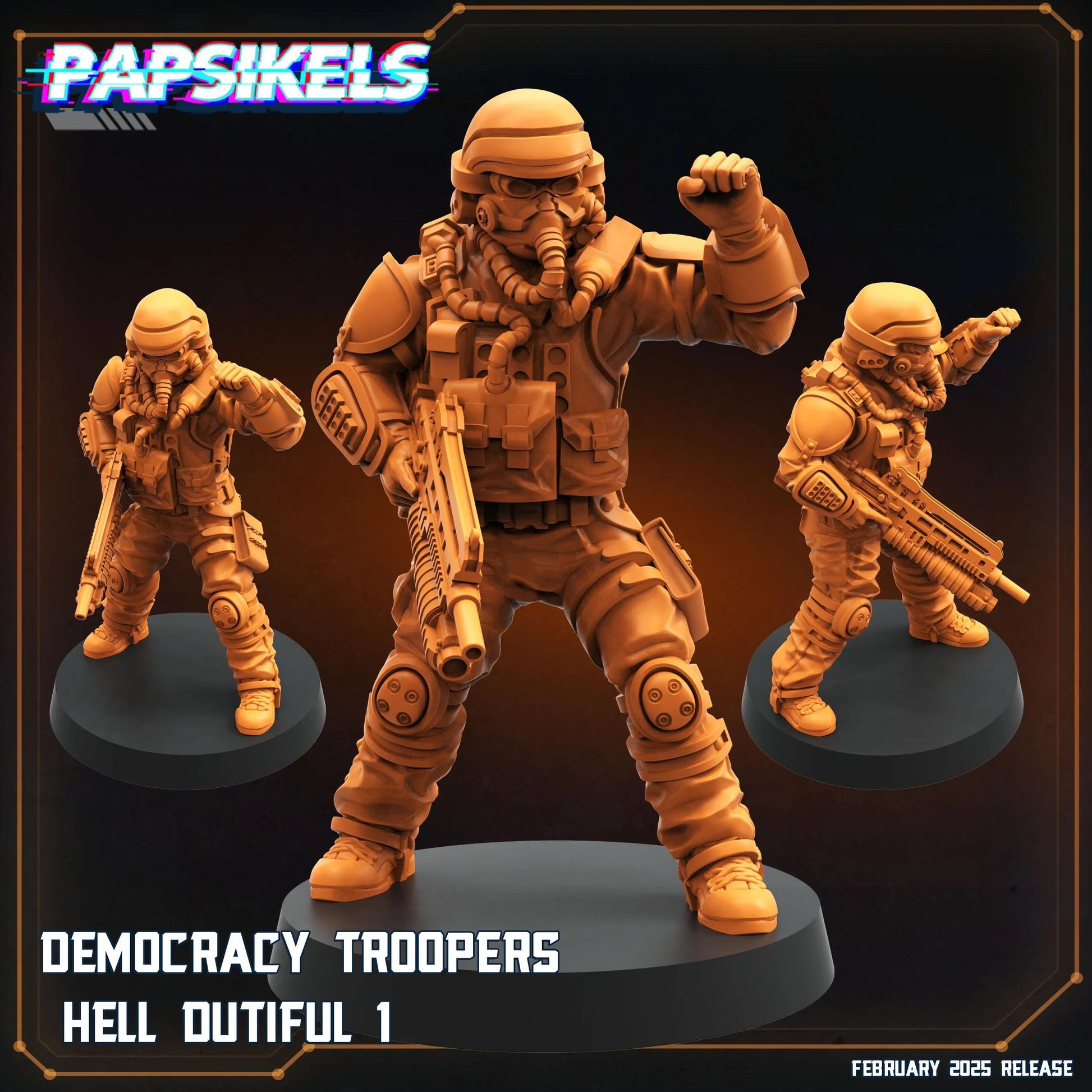 The image is a promotional poster for a video game called "Democracy Troopers" that features three soldiers in various poses, including one in a fighting stance.
