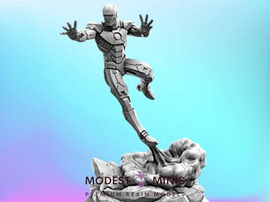 A 3D model of a superhero statue in action, with the text "MODEST MINIS" and "PREMIUM RESIN MODELS" below it.