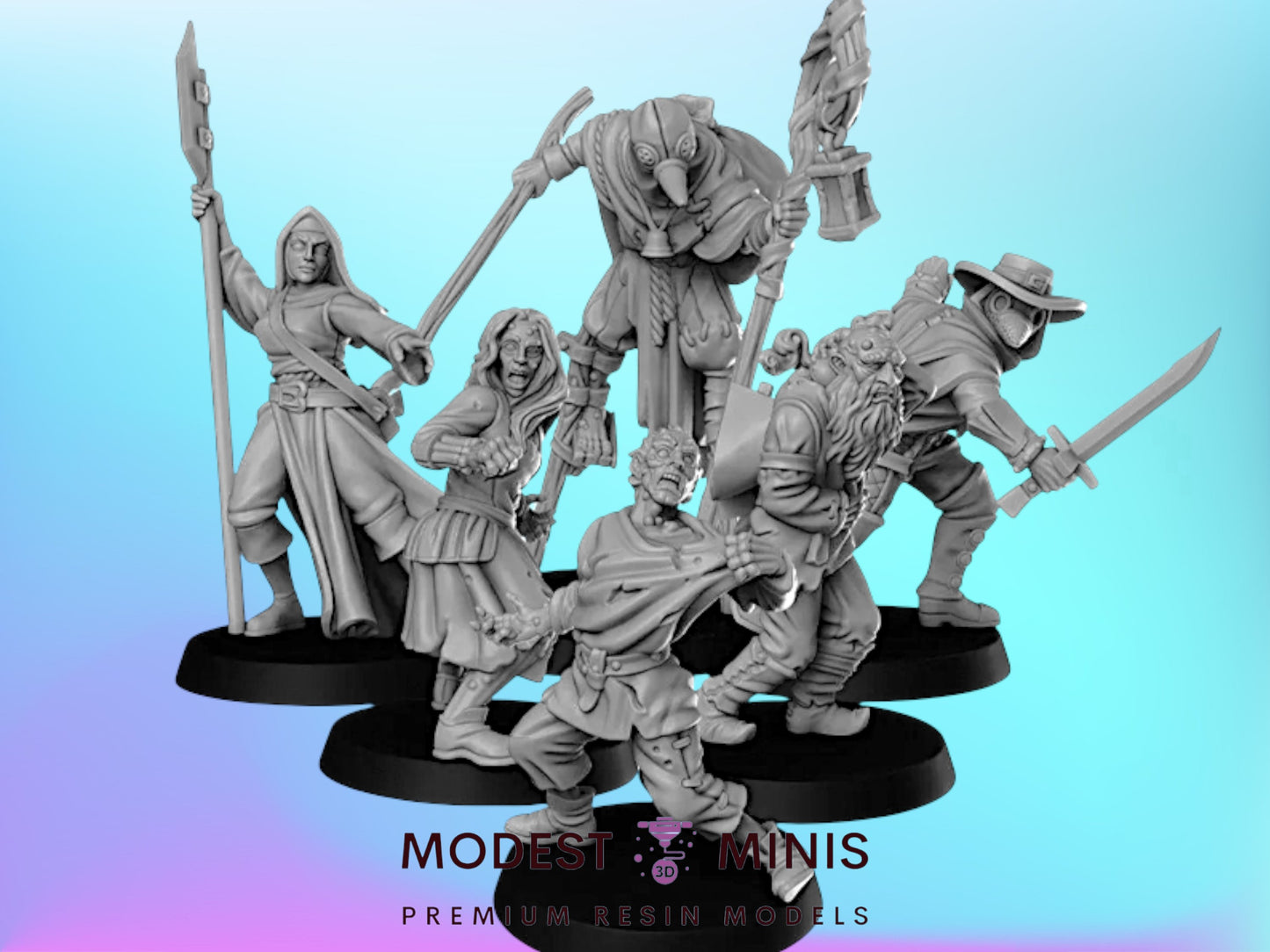 a group of five figurines, each with unique poses and weapons, set against a blue background.