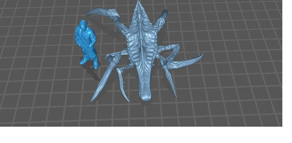 A 3D rendering of a large, metallic creature resembling a spider or octopus, with a human figure standing next to it.