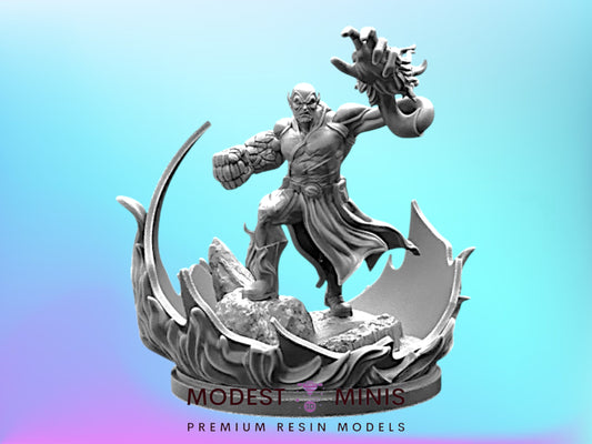 A detailed 3D model of a muscular, battle-ready figure wielding a weapon, set against a blue and purple gradient background.