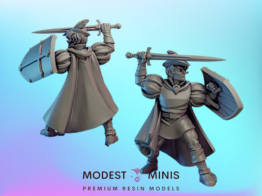 two miniature figures of medieval knights, each holding a shield and sword, set against a blue background.