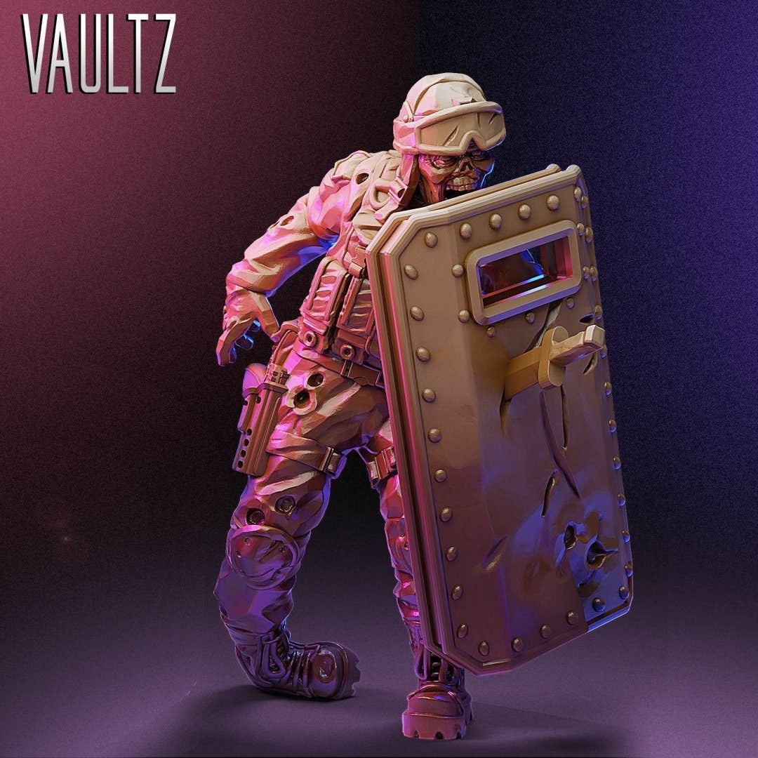 Zombie with Shield | 28mm - 100mm Scale Resin Mini | Zombicide | Vaultz