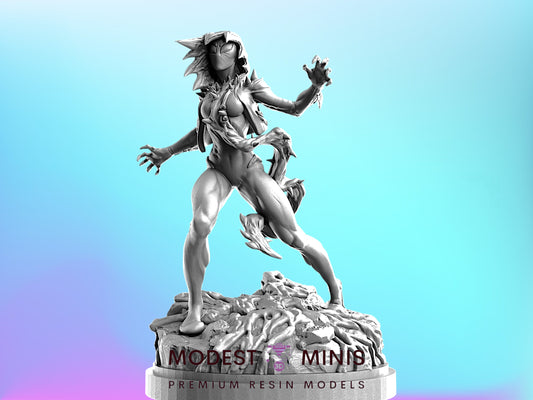 A 3D model of a female character with a fierce expression, standing on a rocky base and holding a weapon.