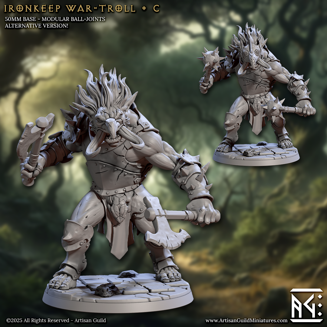 a detailed 3D model of a muscular, armored warrior figure with a fierce expression, wielding a large weapon and standing on a platform.