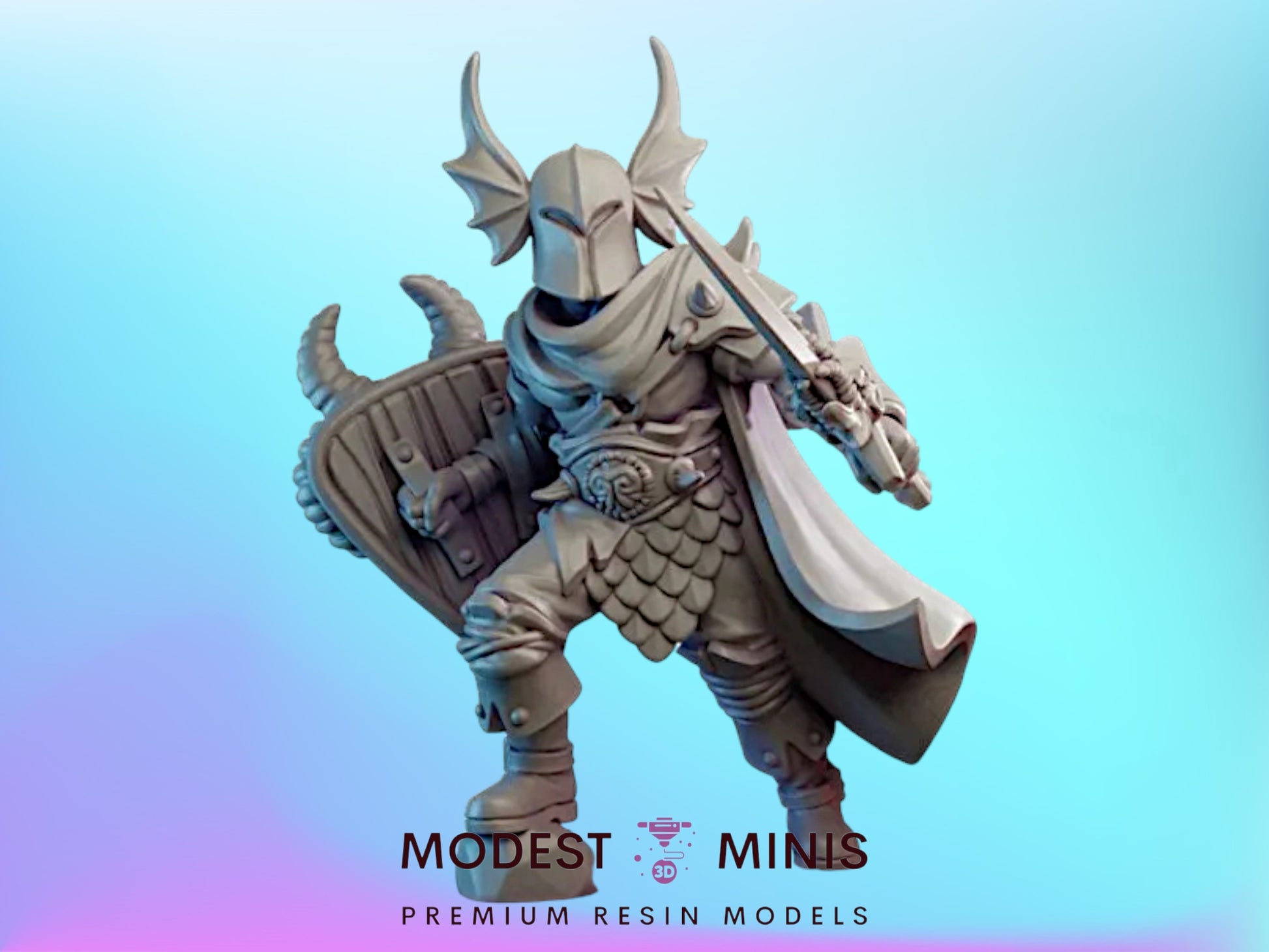 A detailed figurine of a knight in armor, holding a shield and sword, against a blue background.