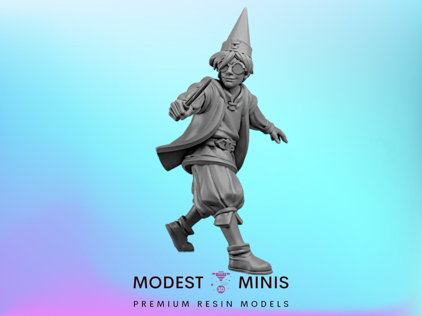 A figurine of a wizard or magical figure, wearing a pointed hat and holding a wand, against a blue background.
