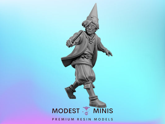 A figurine of a wizard or magical figure, wearing a pointed hat and holding a wand, against a blue background.