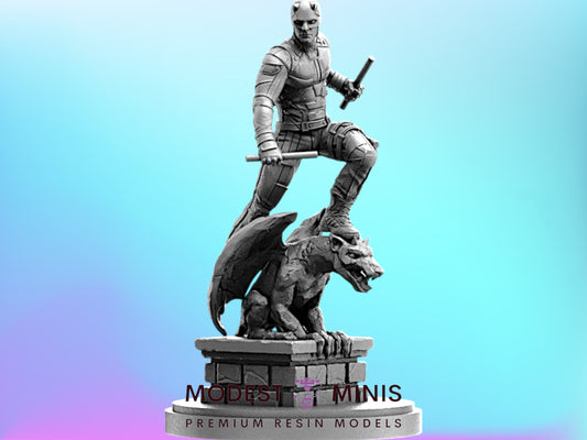 A statue of a person in a fighting stance, holding a weapon, standing on a pedestal with a winged creature, likely a dragon, in front of a blue background.