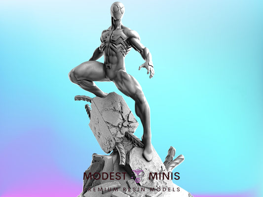 A 3D model of a muscular, spider-like figure standing on a rock formation against a blue background.