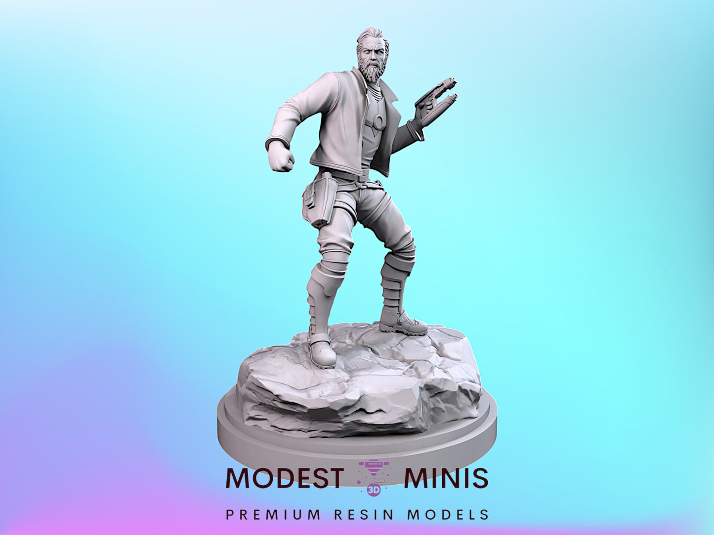 A 3D model of a man in a fighting stance, wearing a leather jacket and holding a weapon, standing on a rock.