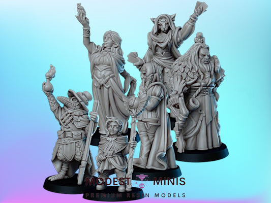 a group of six figurines, each with unique poses and expressions, set against a blue and purple gradient background.