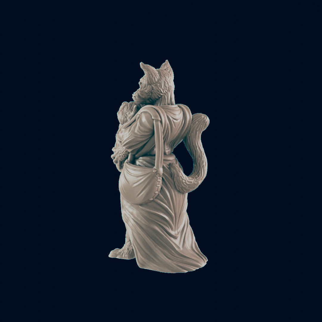 NPC Catfolk Mother and Child - 25mm - 75mm Scale | DnD | EC3D Fantasy Mini | Townsfolk