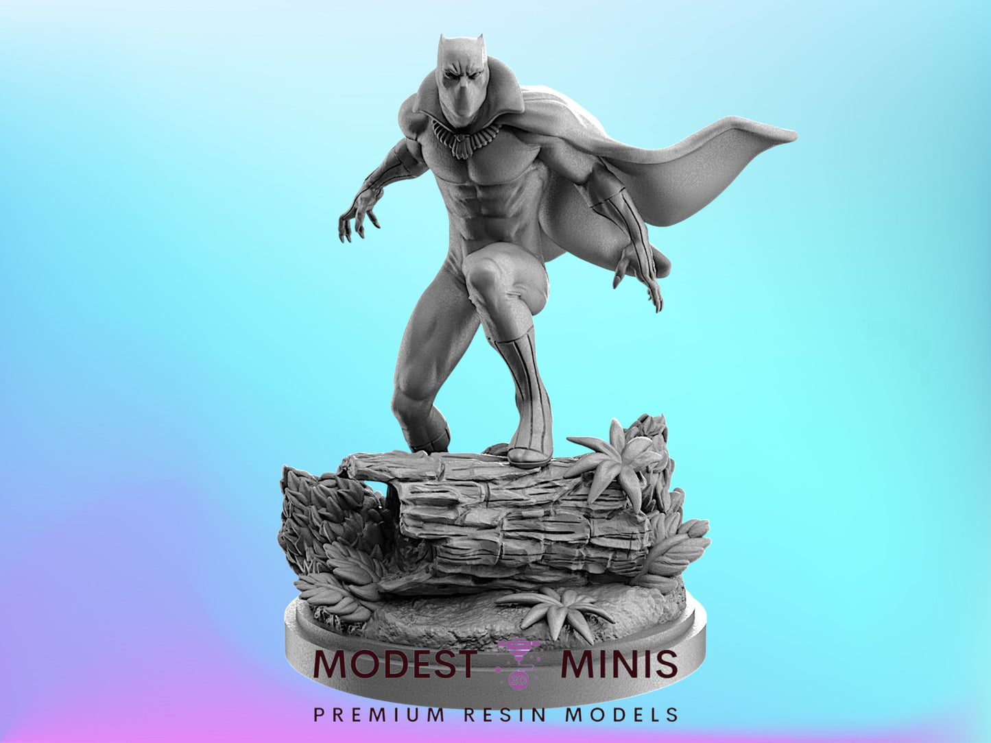 A 3D model of a superhero statue, specifically Black Panther, standing on a rock formation with his cape flowing behind him.
