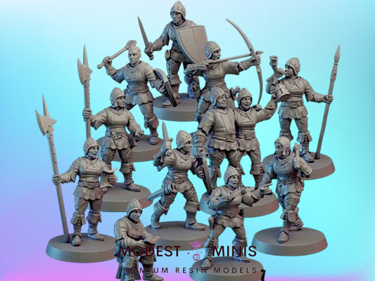 a group of miniature figures, likely representing characters from a fantasy or historical game. The figures are posed in various stances, some holding weapons and others with shields, creating a dynamic and engaging scene. The image does not contain any text, and the descriptions provided are not redundant and do not describe each individual figure separately.