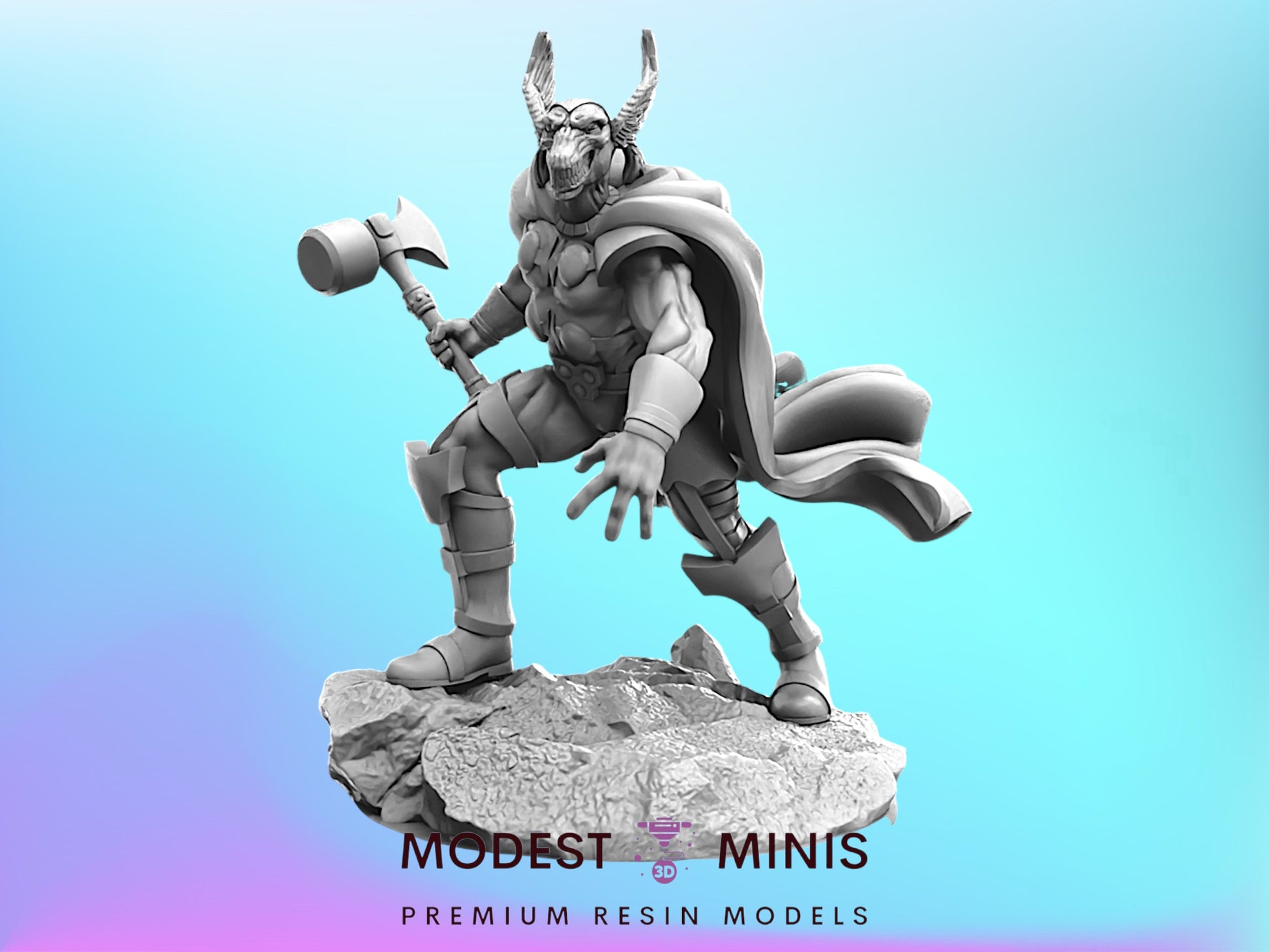 A 3D model of a muscular, armored figure wielding a hammer, standing on a rock formation against a blue background.