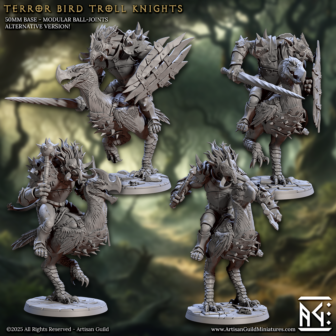 four detailed figurines of a creature resembling a bird, possibly a dragon or a mythical beast, mounted on various types of vehicles or bases. The figurines are arranged in a collage-like manner, showcasing different poses and perspectives of the creature.