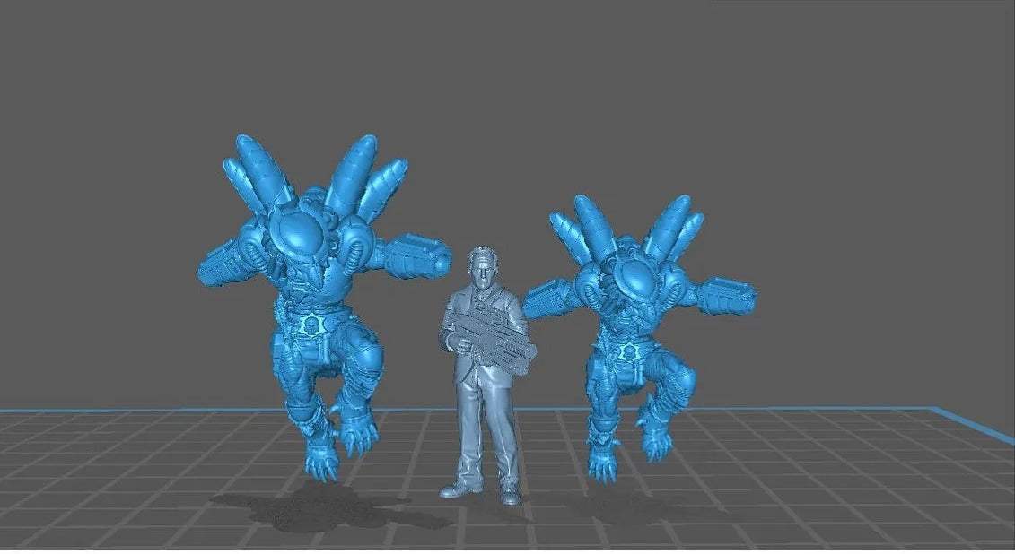 A 3D model of a person standing between two blue robotic figures, all of which are depicted in a futuristic, mechanical style.