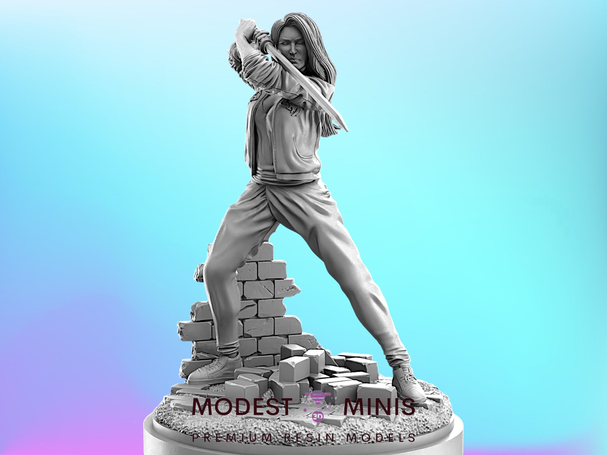 A black and white statue of a woman in a fighting stance, holding a weapon, standing on a base with a textured surface.