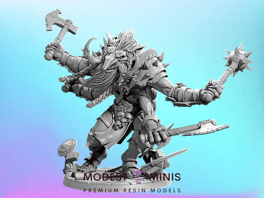 a detailed, intricate fantasy character with multiple arms, wielding various weapons and armor pieces.