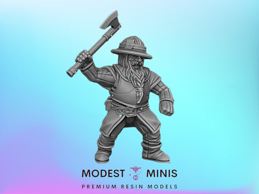 A 3D model of a dwarf warrior holding a large weapon, with the text "MODEST MINIS PREMIUM RESIN MODELS" below the image.