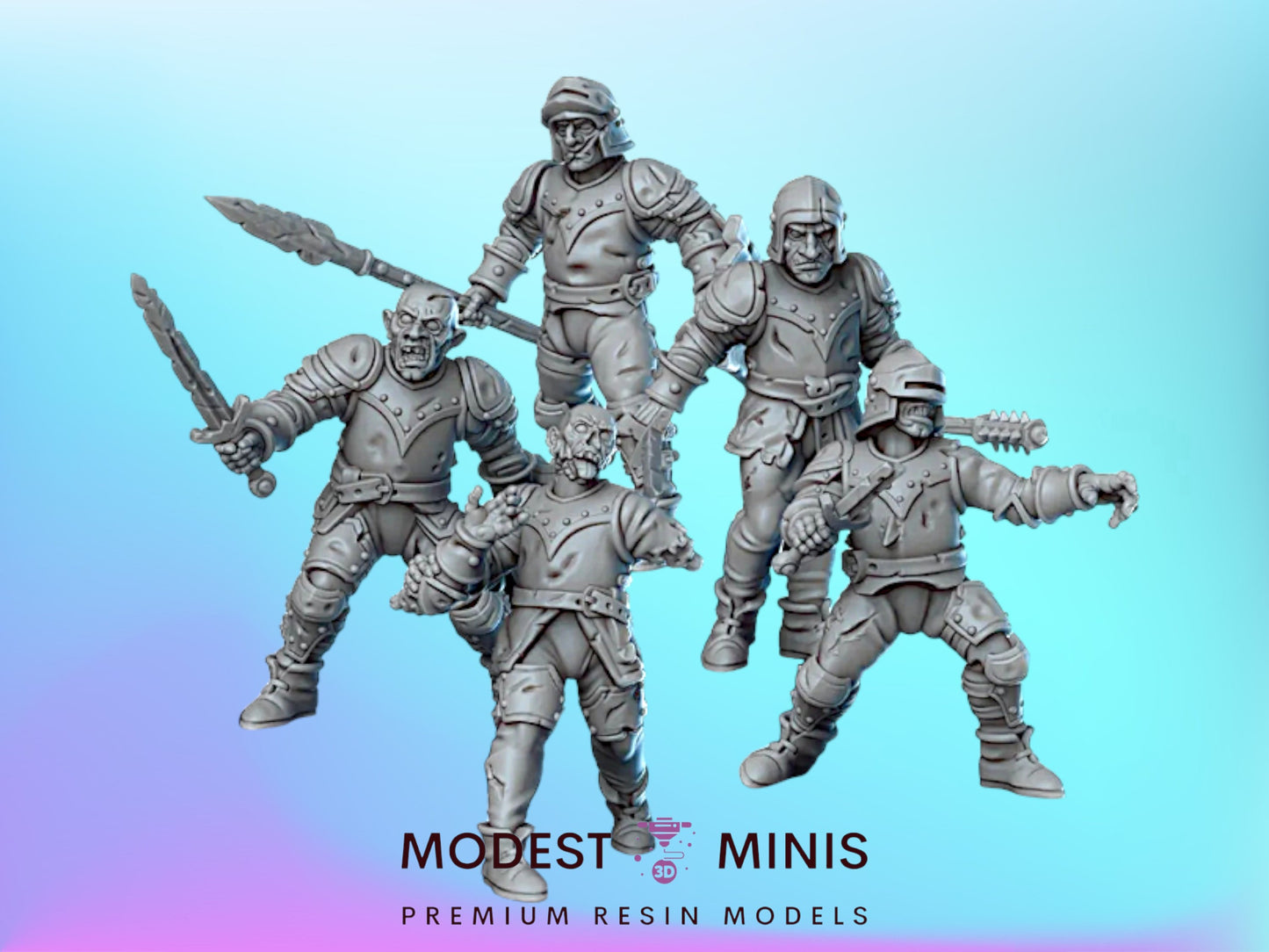 five miniature figures of soldiers, each holding various weapons such as swords and spears, set against a blue background.
