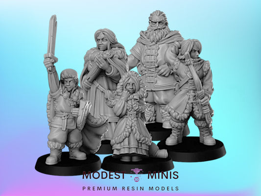 a group of five figurines, each with unique poses and accessories, set against a blue and purple gradient background.