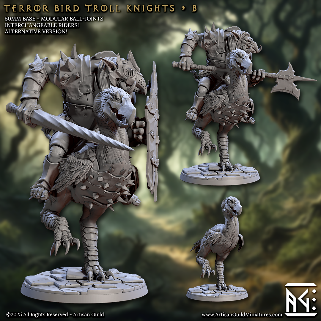 The image is a collage of three detailed figurines depicting a Terror Bird Troll Knight, a type of fantasy creature with the body of a bird and the head of a troll. The figurines are shown in various poses, with one standing on a rock, another on a pedestal, and the third on a base. The figurines are set against a blurred natural background, emphasizing the fantastical nature of the scene.