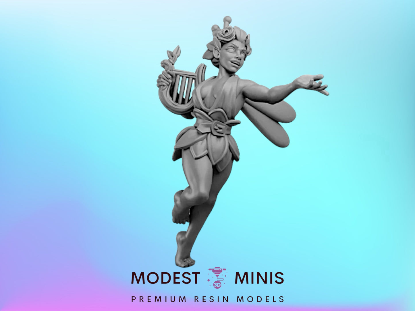 a statue of a winged female figure holding a harp, with the text "MODEST MINIS PREMIUM RESIN MODELS" below it.