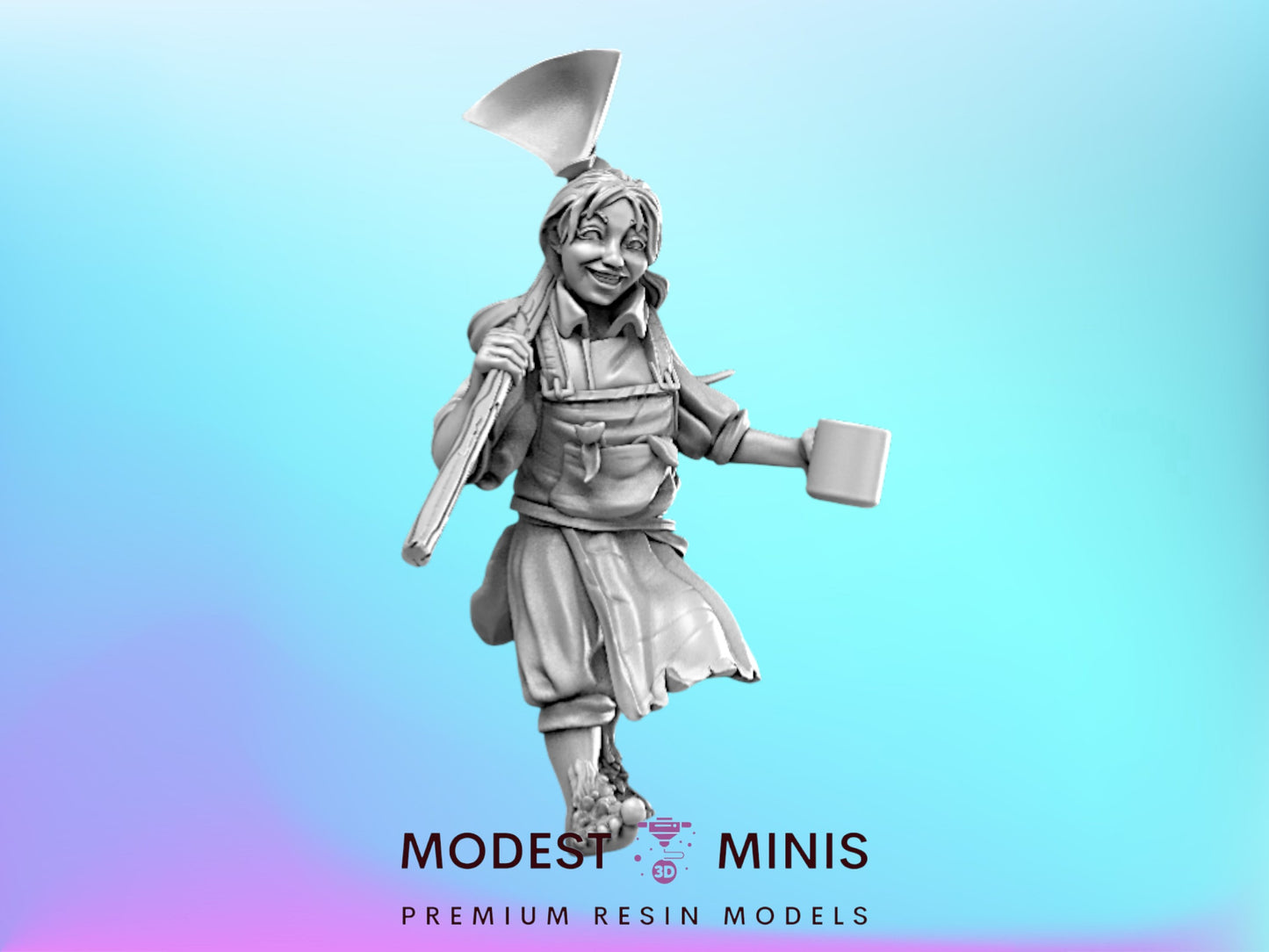 A 3D model of a female character with a large hat and a cup, standing against a blue background.