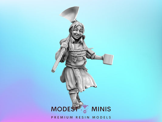 A 3D model of a female character with a large hat and a cup, standing against a blue background.