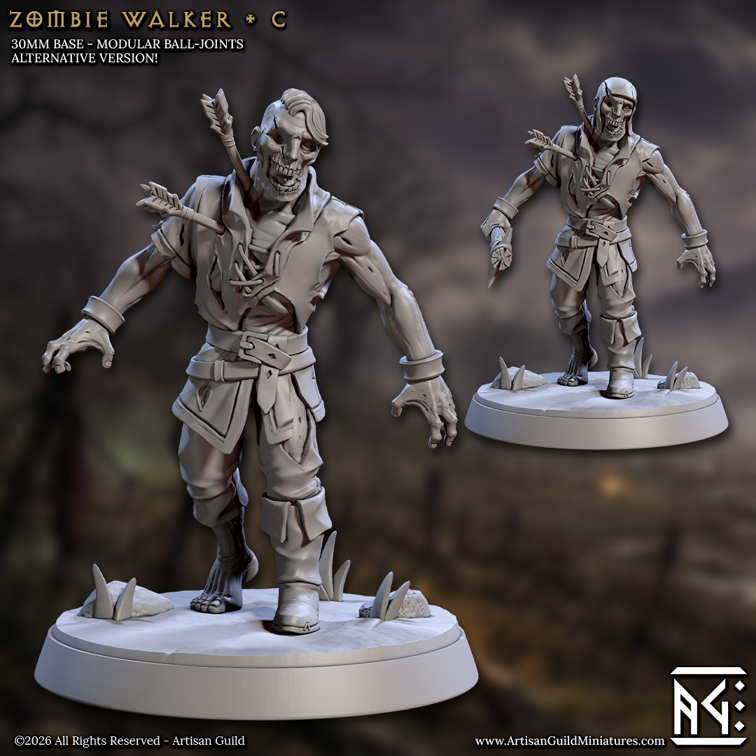 two zombie walker figurines, one standing and one kneeling, both on a base. The figurines are made of a material that resembles stone or metal, giving them a somewhat eerie appearance. The background of the image is dark and moody, which further enhances the creepy atmosphere of the scene.