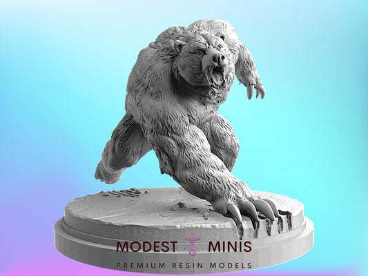 A 3D model of a fierce-looking bear statue, with its mouth open and claws extended, is displayed on a pedestal.