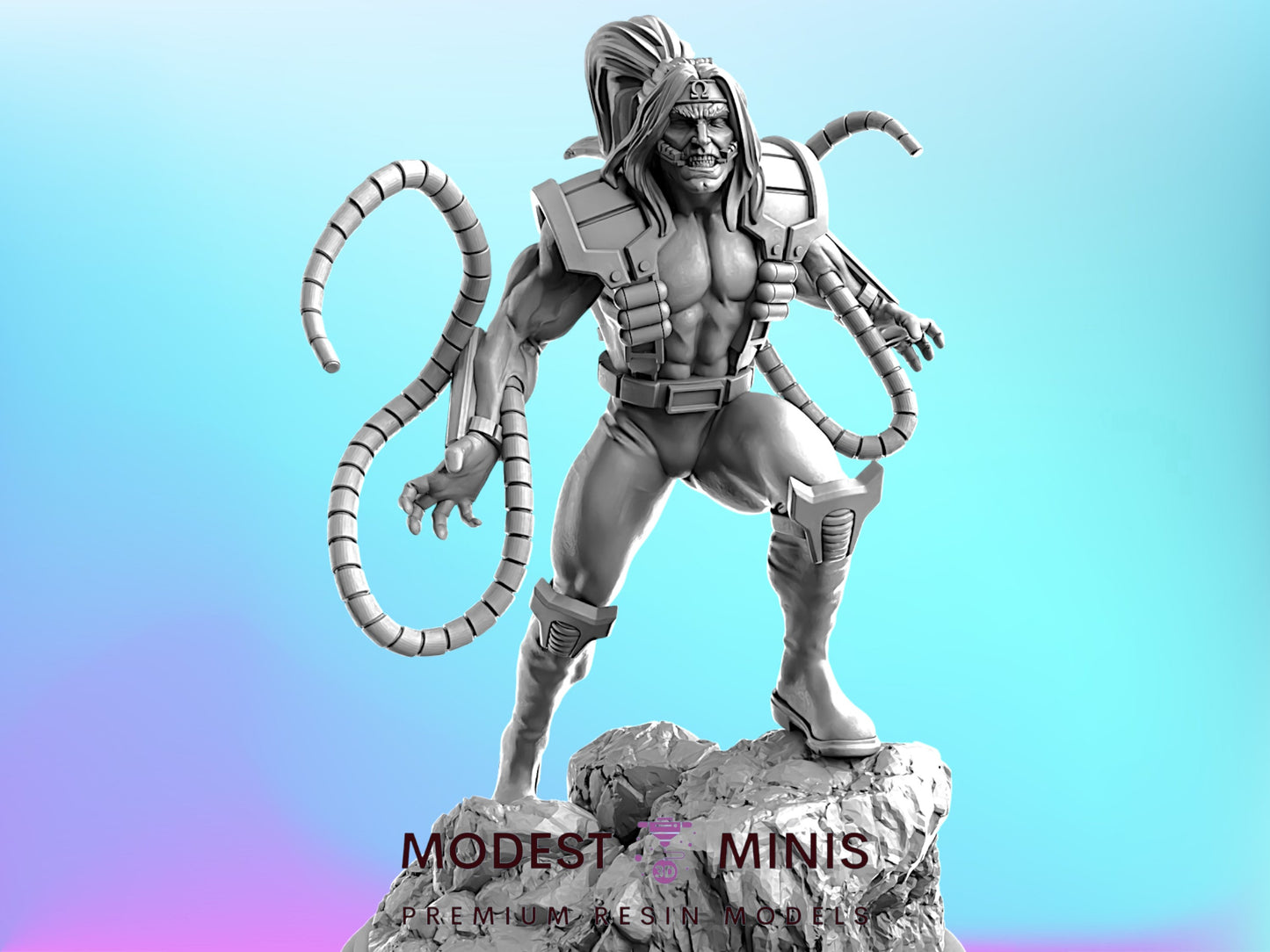 A 3D model of a muscular, armored character with a long, coiled weapon, standing on a rocky outcropping against a blue background.