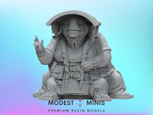 A 3D model of a large, abstract creature with a distinctive headdress, sitting on a pedestal and holding a small object in its hands.