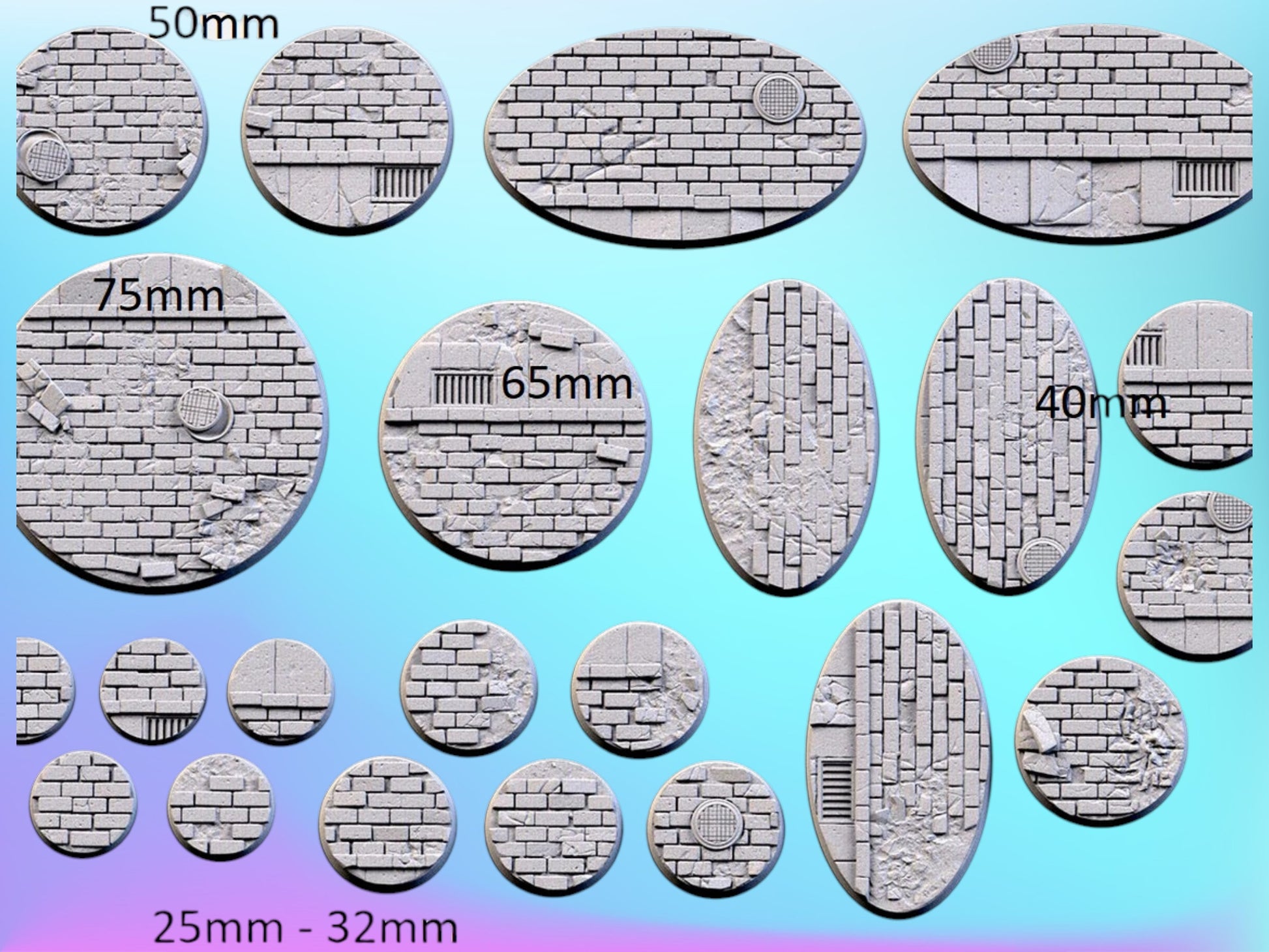 various sizes of gray bricks or blocks, ranging from 25mm to 32mm in diameter, arranged in a grid-like pattern against a blue background.