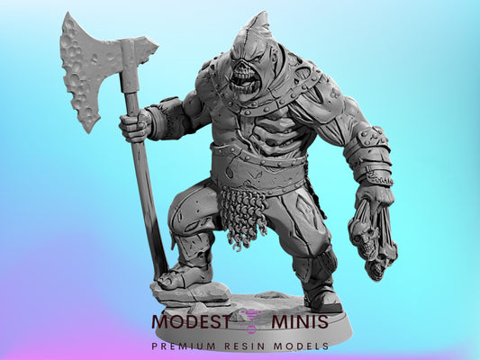 A detailed 3D model of a muscular, armored warrior figure holding a large weapon and standing on a platform.