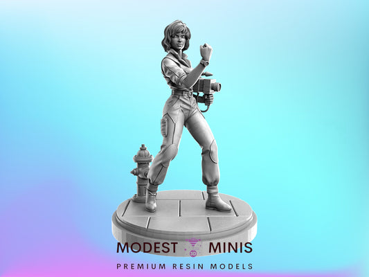 A 3D model of a female character in a fighting stance, holding a weapon, standing on a platform with a fire hydrant in the background.