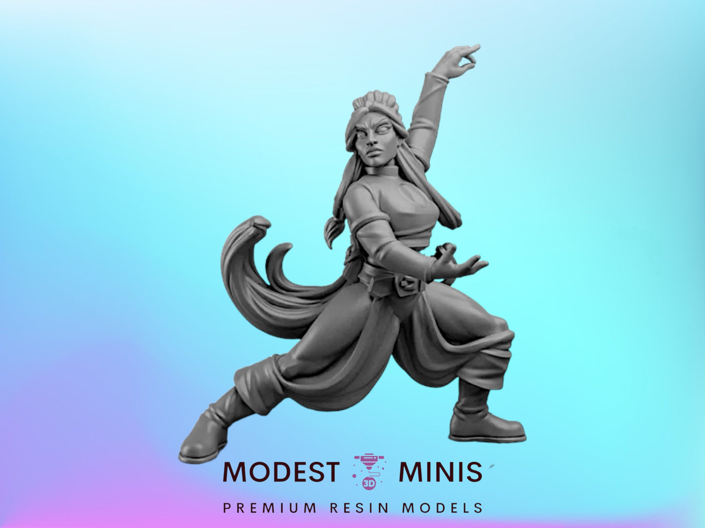 A figurine of a woman in a fighting stance, with her arms raised, against a blue background.