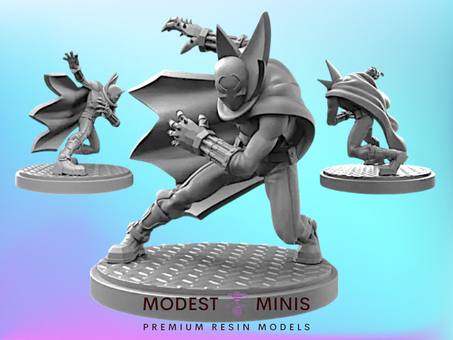 three figurines of Batman, a superhero character, posed in various dynamic poses.