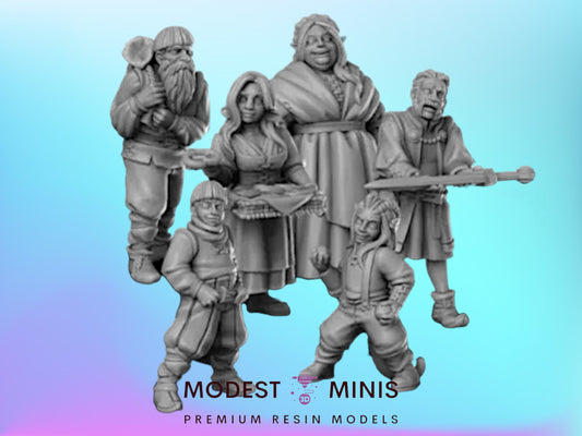 a group of five figurines, each depicting a different character, arranged together against a blue background.